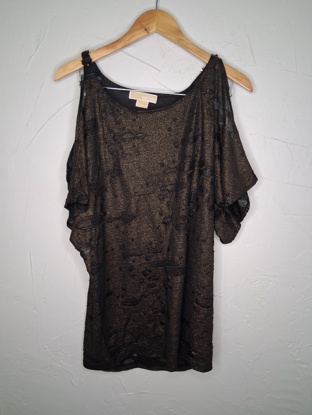 Michael Michael Kors Metallic Cold Shoulder Burnout Top Large Black Y2K style - Picture 2 of 9